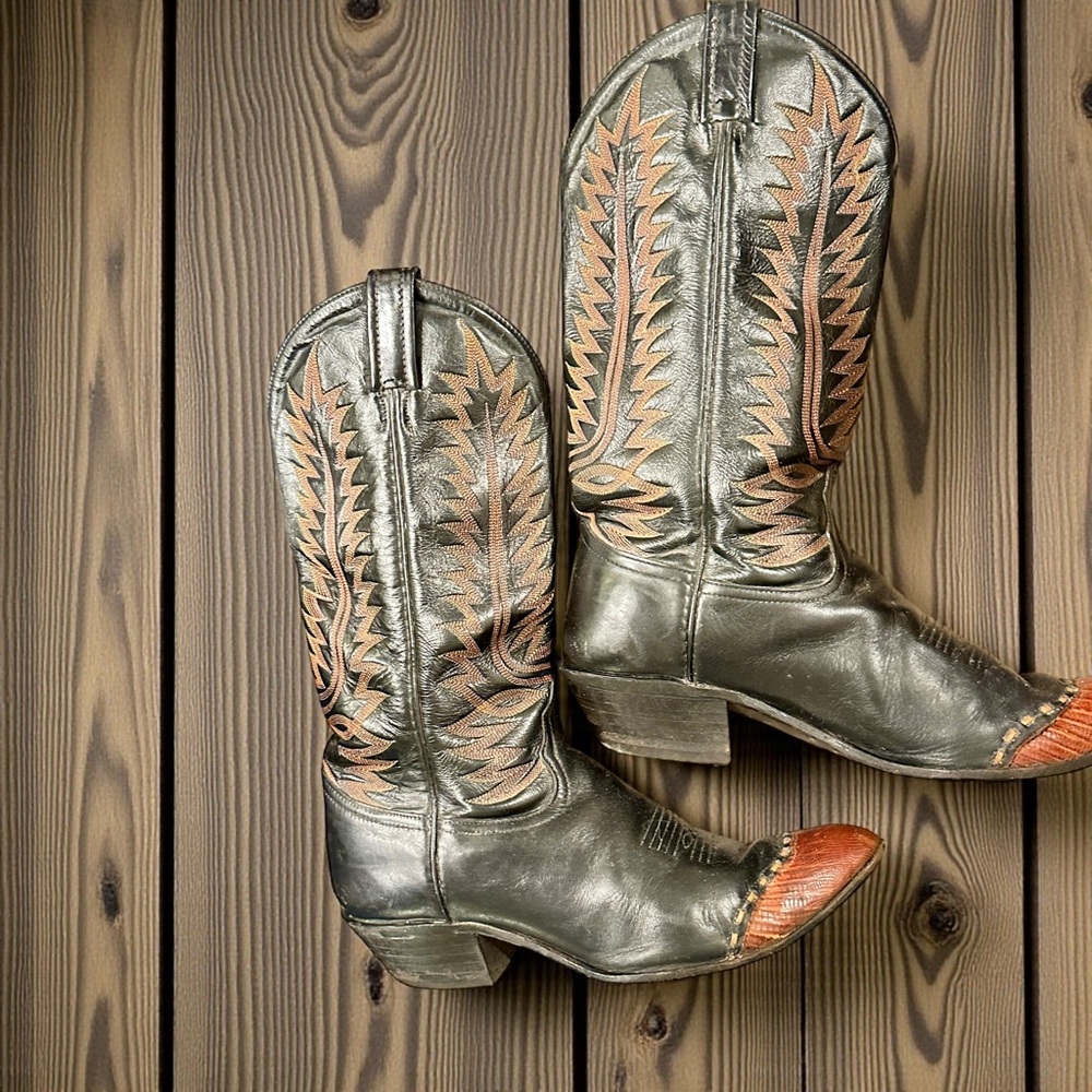 Tony Lama Black and Brown Leather Western Heeled Boots - Picture 6 of 7